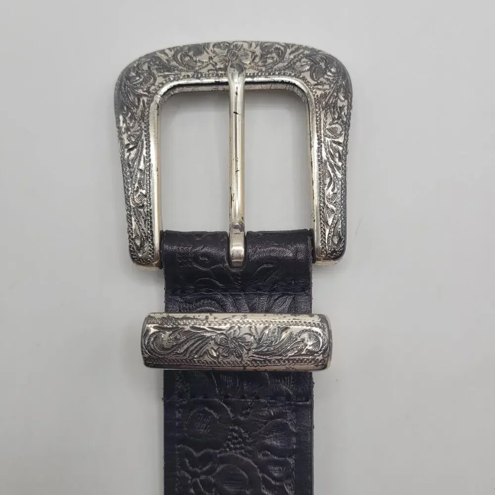 Vintage Liz Claiborne Belt XL Black Leather Tooled Western Floral Cowgirl Boho